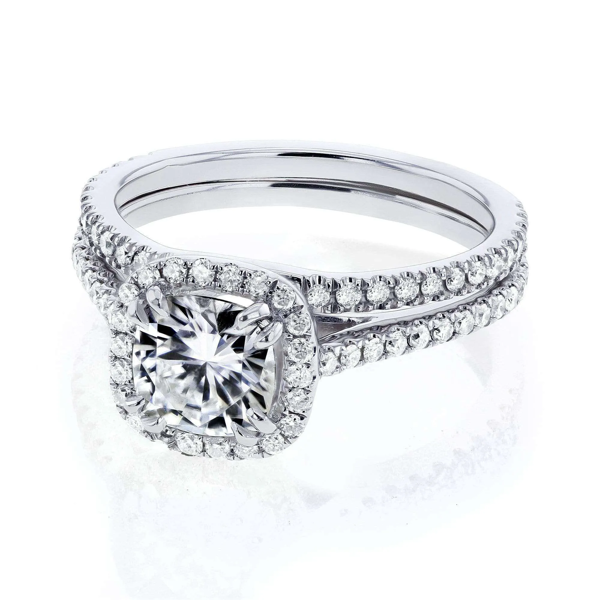 1-1/2ct.tw Cushion Halo Notched Band Bridal Set - Moissanite & Natural Diamonds