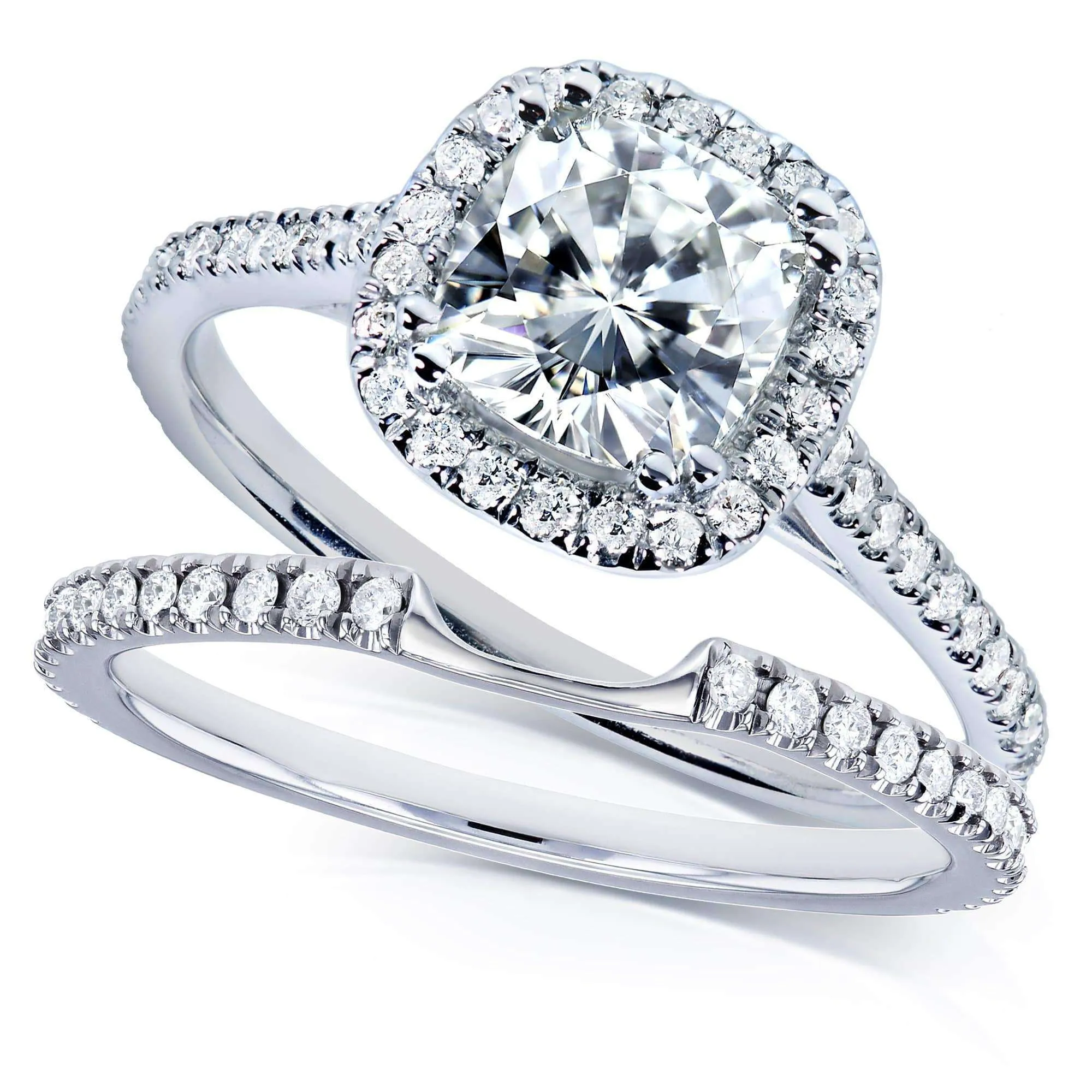 1-1/2ct.tw Cushion Halo Notched Band Bridal Set - Moissanite & Natural Diamonds