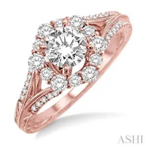 1 Ctw Diamond Engagement Ring with 5/8 Ct Round Cut Center Stone in 14K Rose Gold