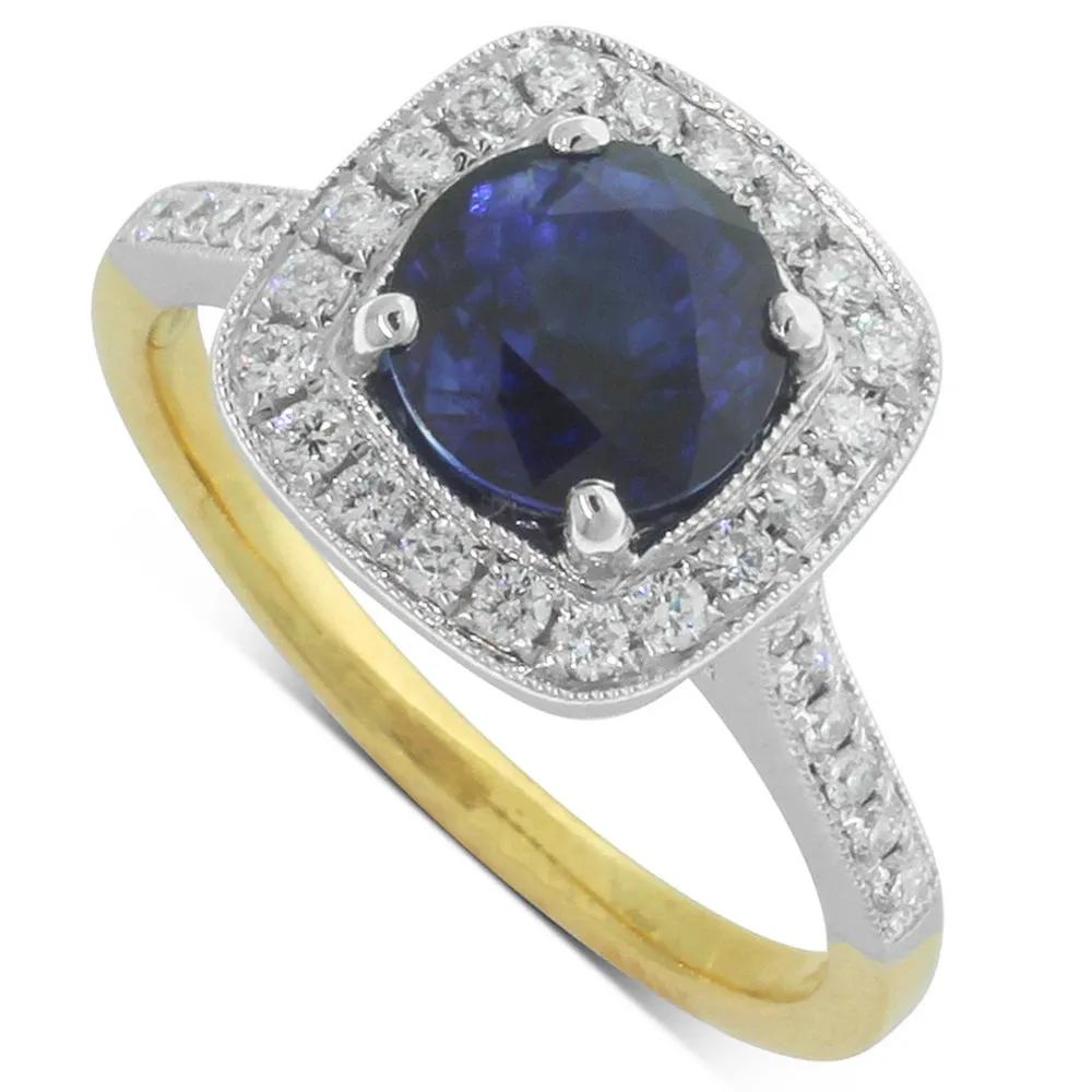 18ct Yellow & White Gold Sapphire & Diamond Halo Ring