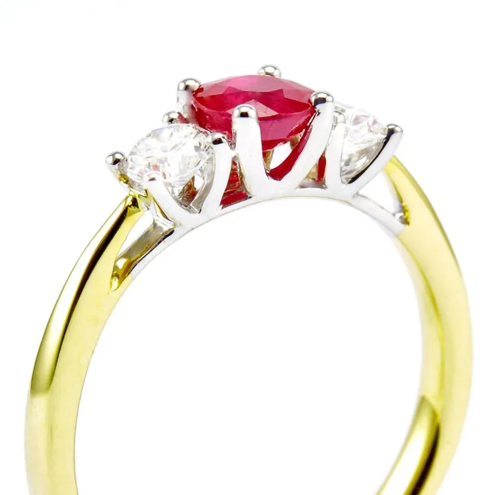 18ct Yellow Gold 0.57ct Round Brilliant Cut Ruby and 0.32ct Diamond Three Stone Ring