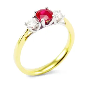 18ct Yellow Gold 0.57ct Round Brilliant Cut Ruby and 0.32ct Diamond Three Stone Ring