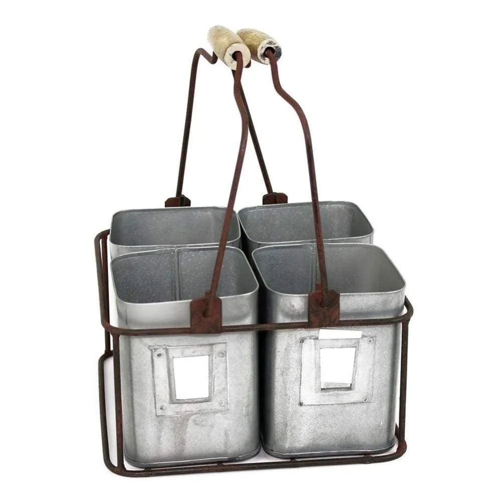 4 Cubby Galvanized Metal Organizer with Movable Wooden Handle, Gray By Benzara