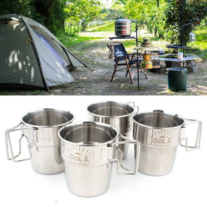 4pcs Outdoor Stainless Steel Cup Foldable Handle Cookware Water Bottle Camping