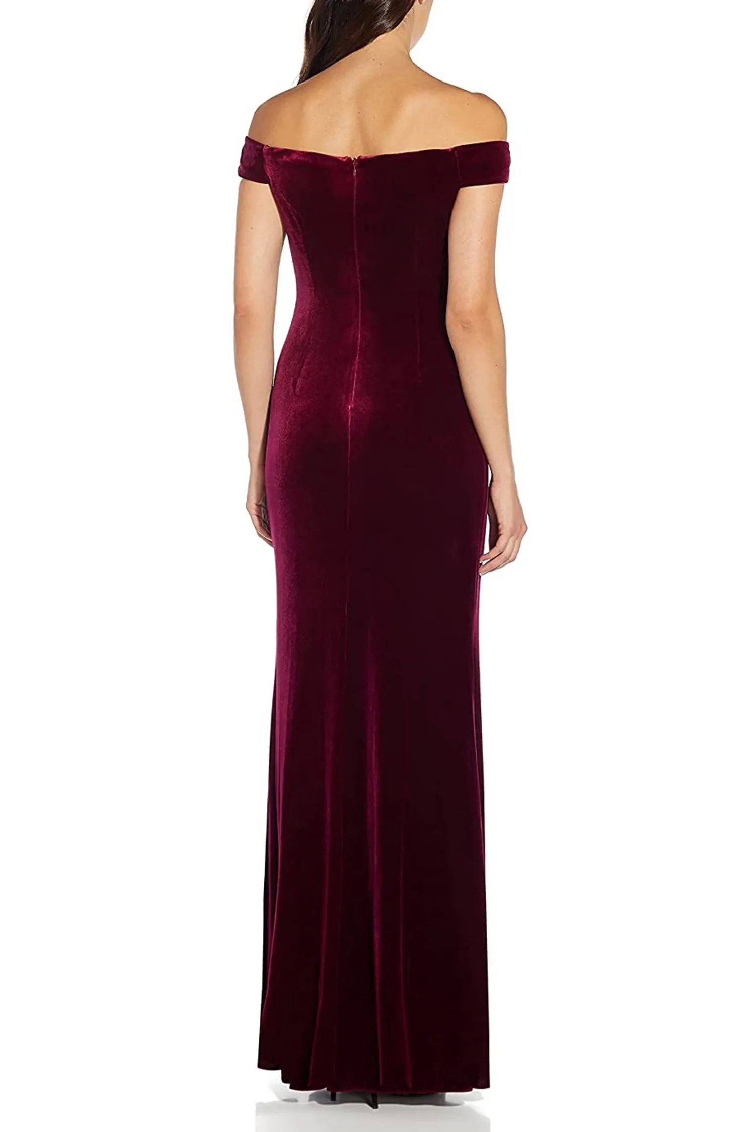 Adrianna Papell Off Shoulder Pleated Front Zipper Back Velvet Dress