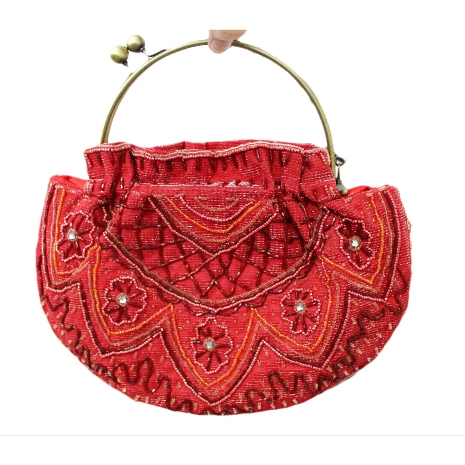 April Cornell Purse Beaded Red Retro Round Brass Metal Clasp Chain Strap 80s