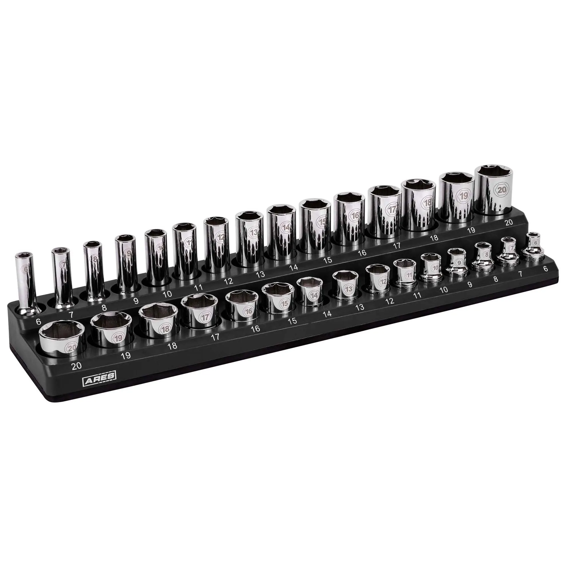 ARES 70235 - 30-Piece 3/8" Black Metric Magnetic Socket Holder