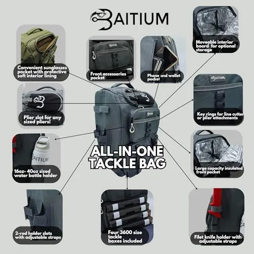 Baitium Fishing Backpack, Fishing Tackle Backpack With Rod Holders, 40L Tackle Bag With Cooler, Fishing Bag, Fishing Tackle Backpack, Fishing Tackle Box Backpack, Fishing Gear - (Green)