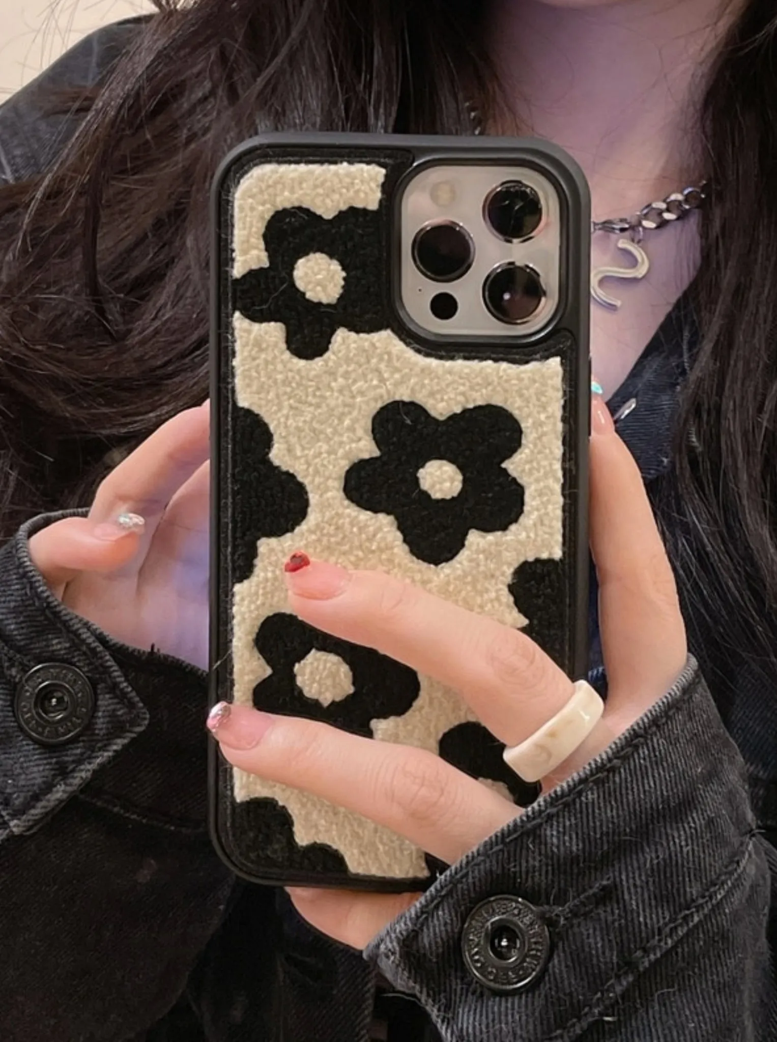 Black Flowers Embroidered iPhone Case