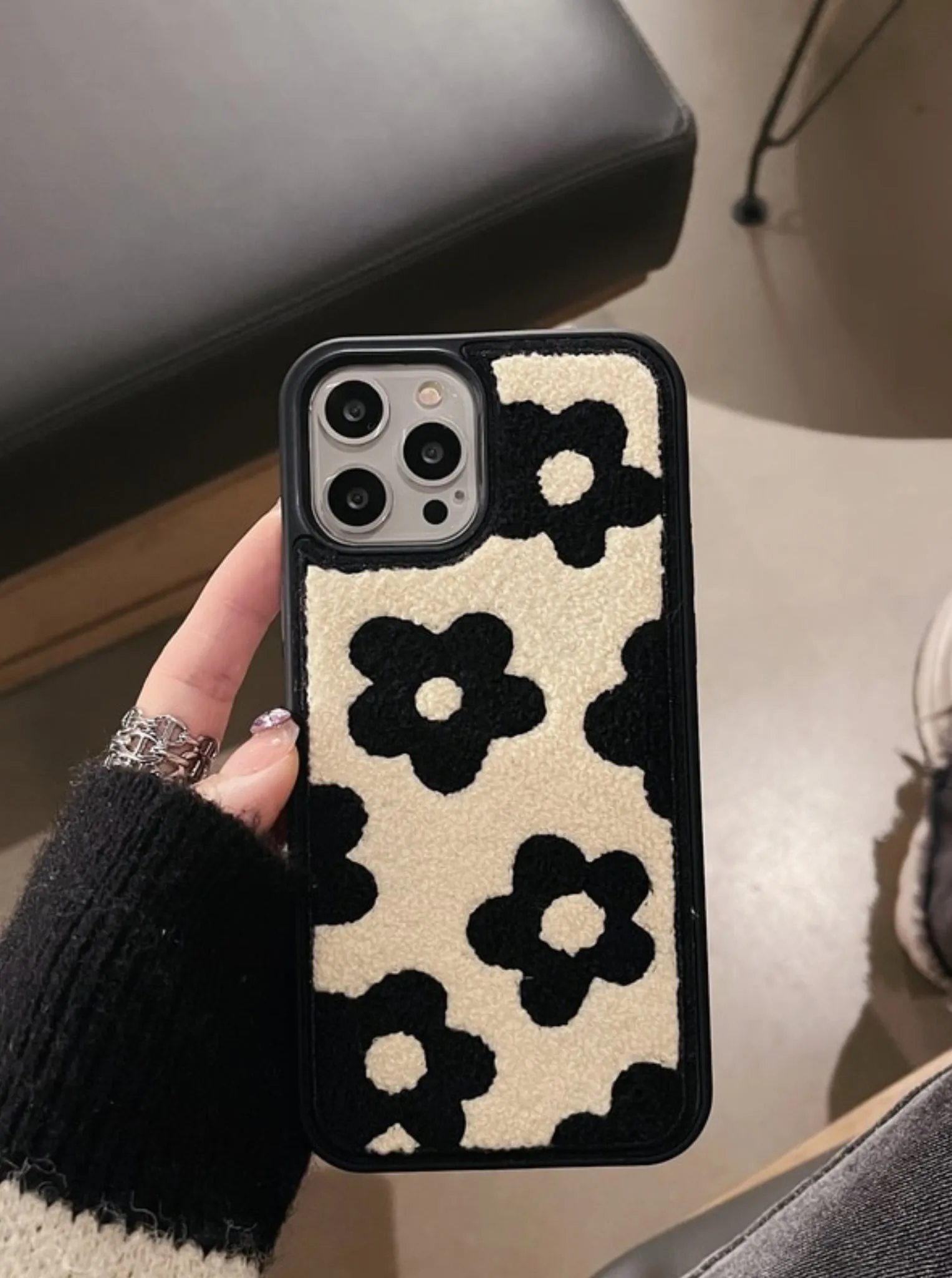 Black Flowers Embroidered iPhone Case