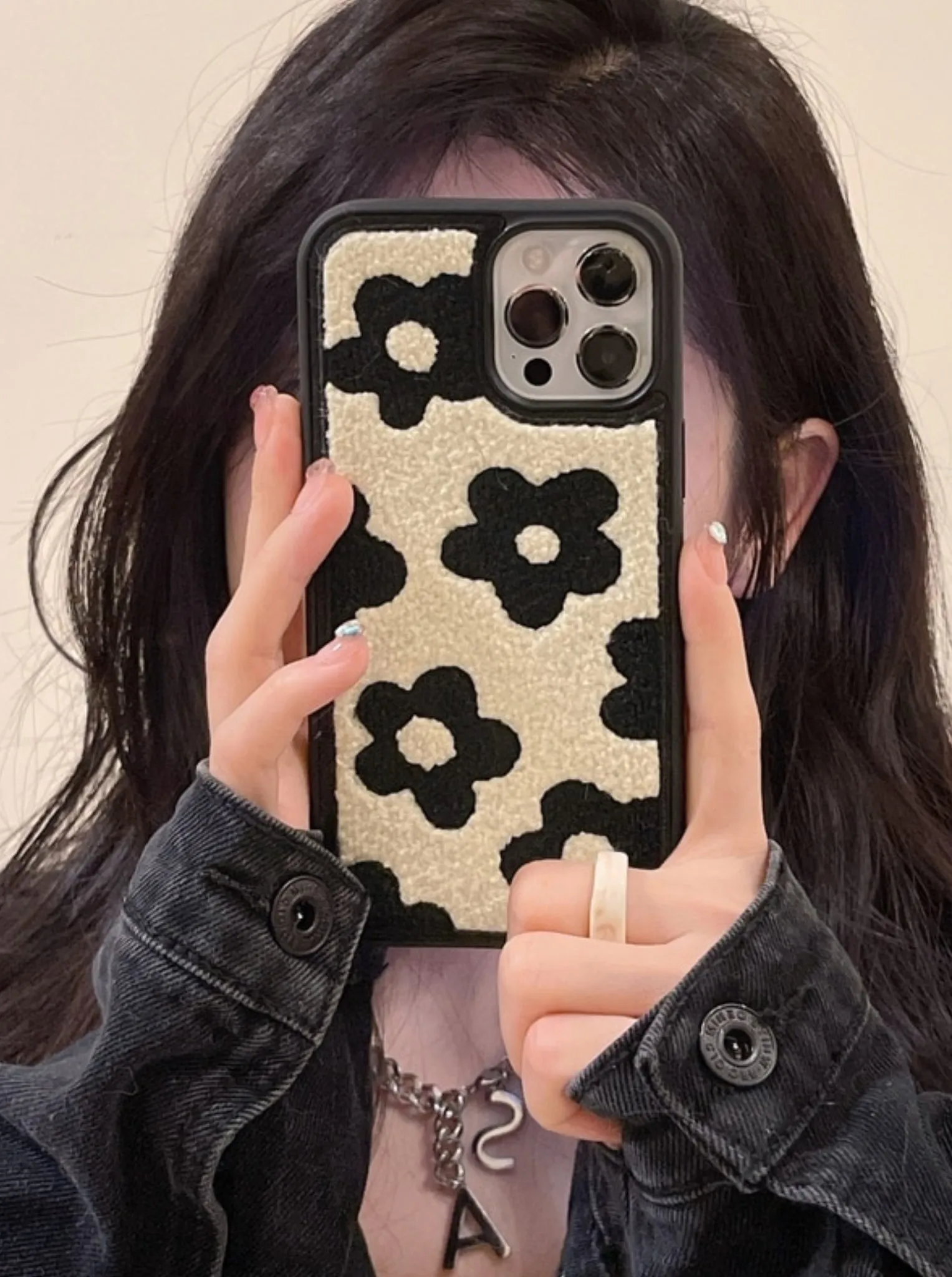 Black Flowers Embroidered iPhone Case