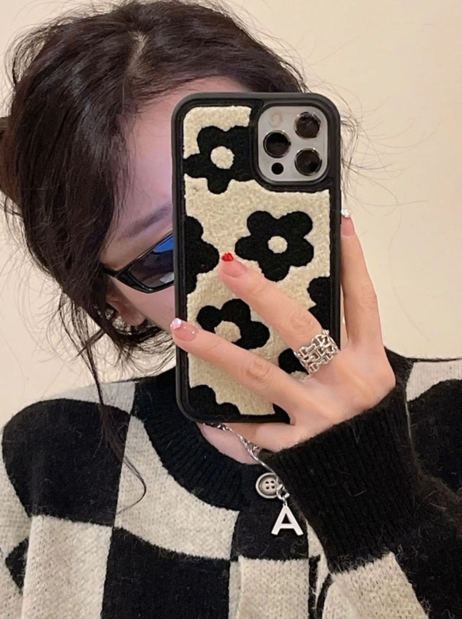 Black Flowers Embroidered iPhone Case