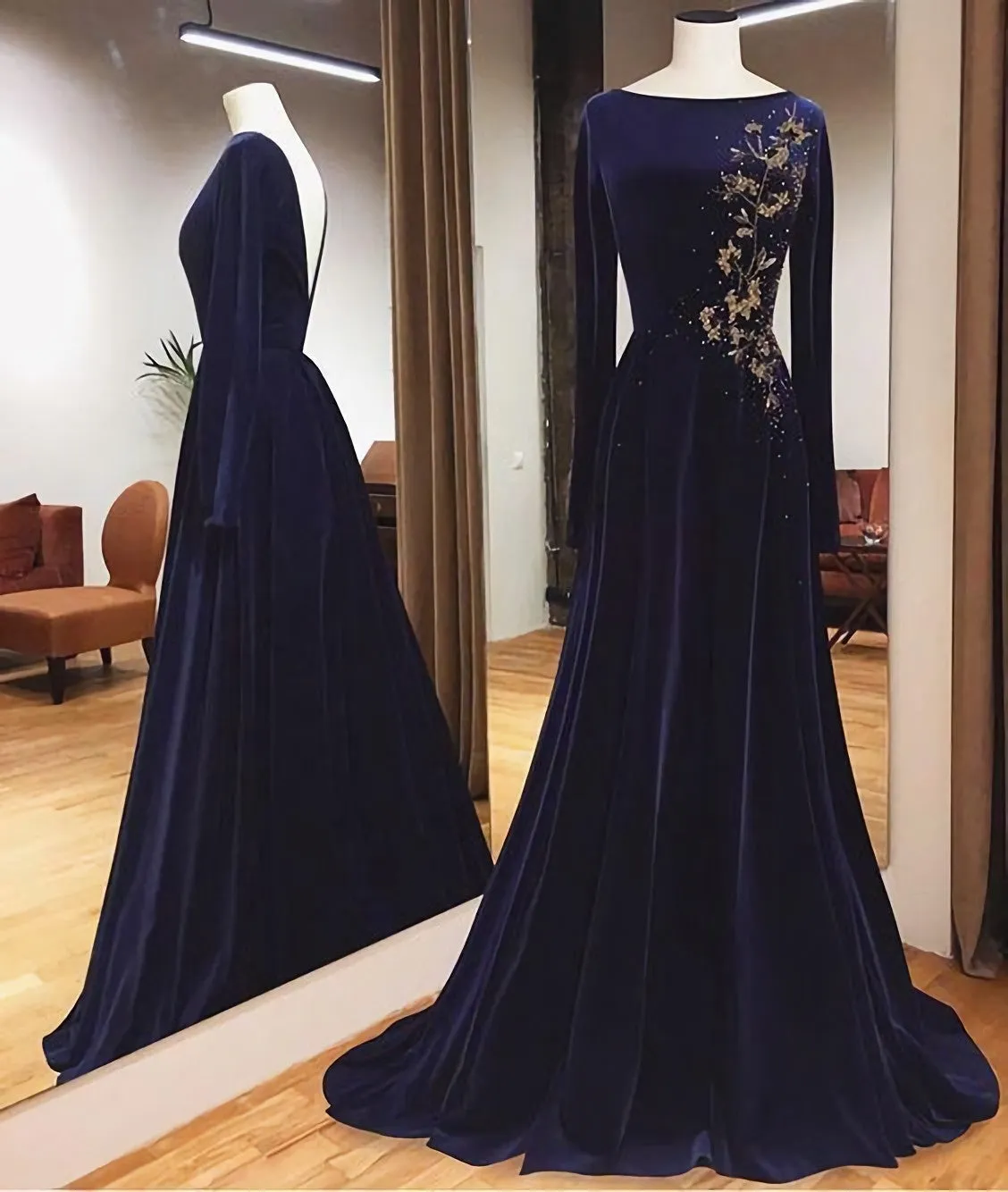 Blue Long Sleeves Charming Prom Dress