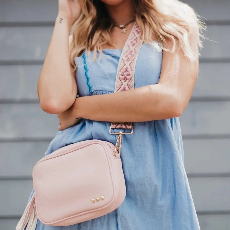 Blush Pink Camera Crossbody Bag Tapestry Tassel Crossbody Strap