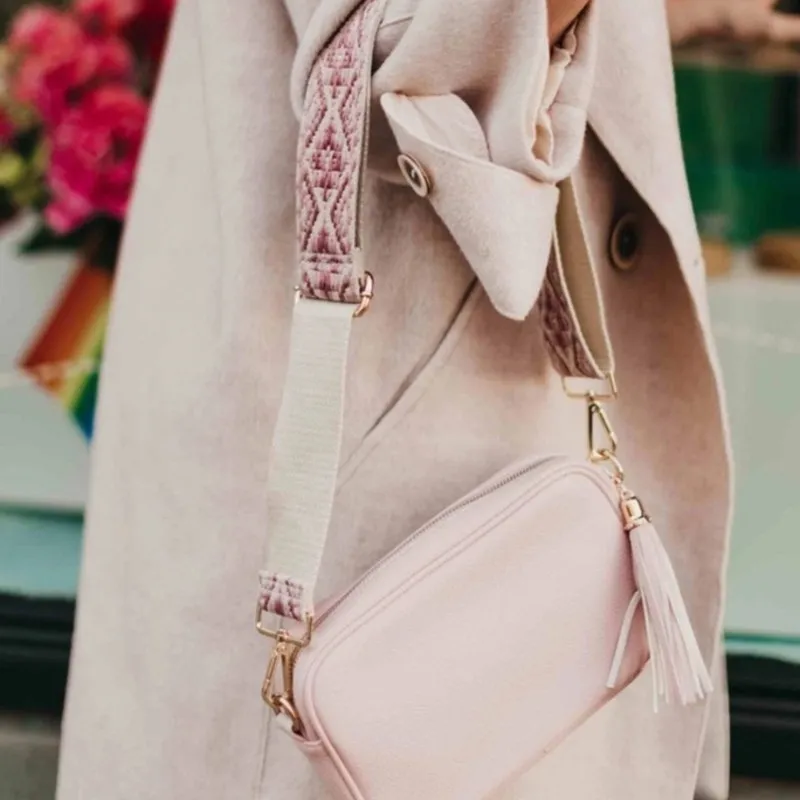 Blush Pink Camera Crossbody Bag Tapestry Tassel Crossbody Strap