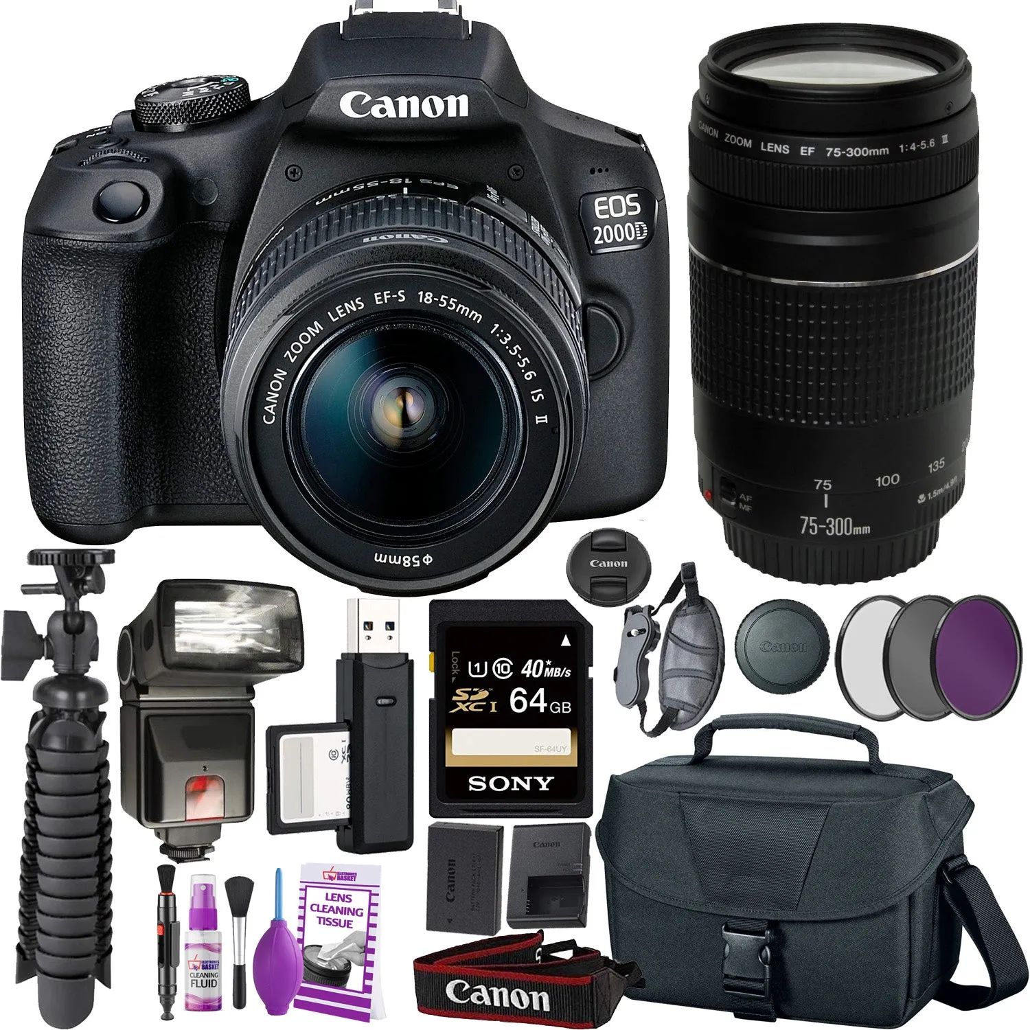 Canon EOS 2000D (Rebel t7) DSLR Camera and EF-S 18-55 mm f/3.5-5.6 IS II Lens   75-300mm Telephoto Zoom Lens   64GB Memory Card