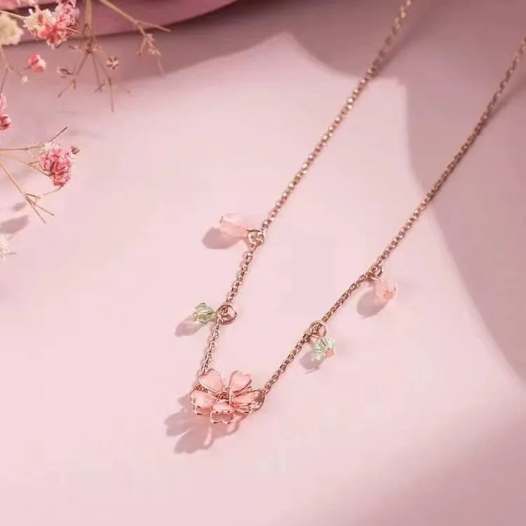 Charming Pink Crystal Flower Charm Necklace