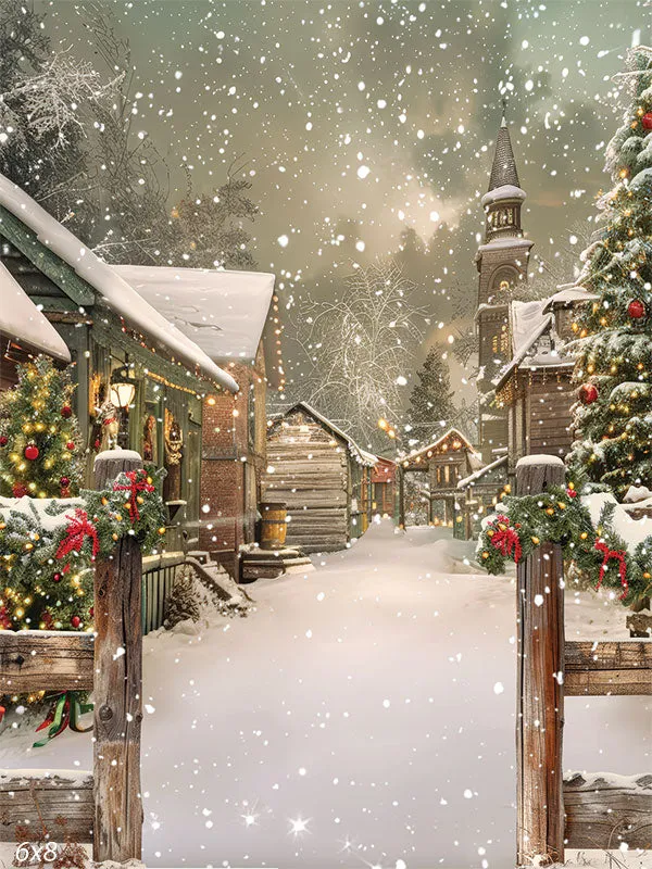 Charming Snow-Covered Holiday Village Backdrop