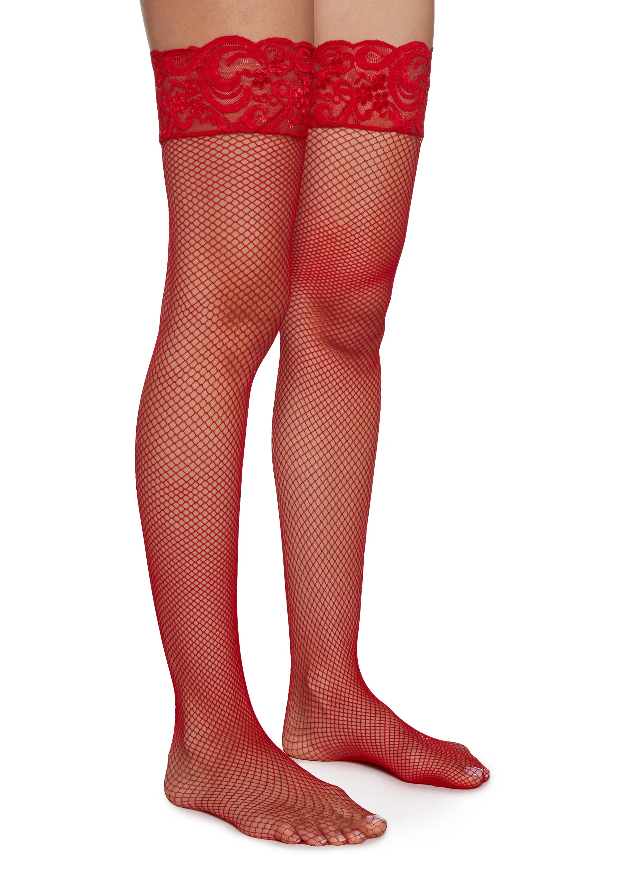 Charming Temptation Fishnet Thigh Highs - Red