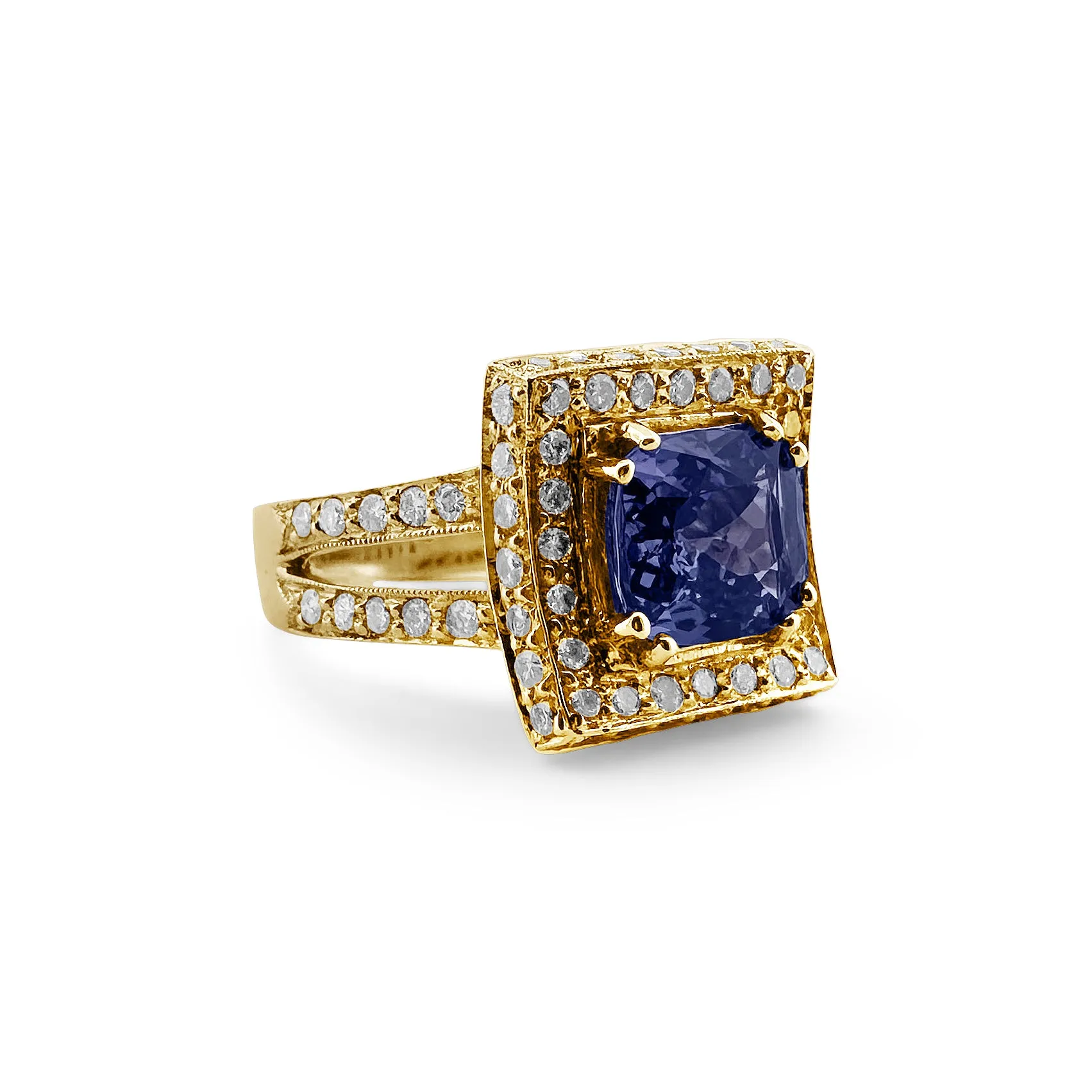 Cushion Cut Tanzanite & Diamond Halo 14k Yellow Gold Ring