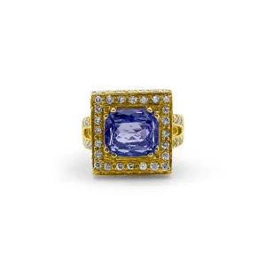 Cushion Cut Tanzanite & Diamond Halo 14k Yellow Gold Ring