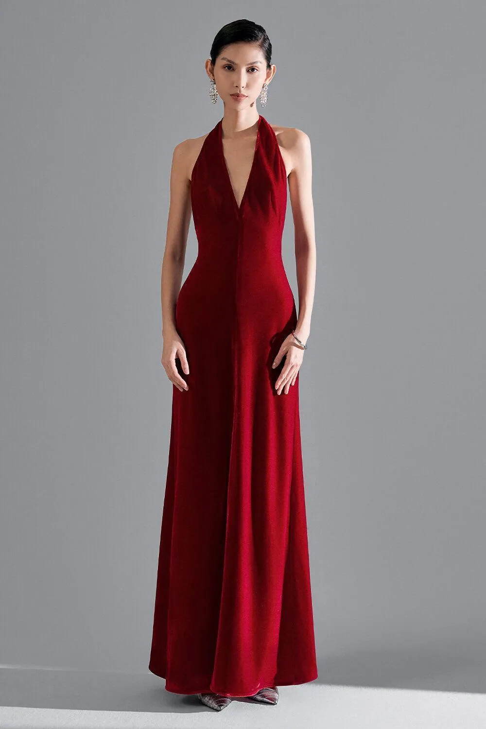 Della Slit Halter Neck Velvet Floor Length Dress