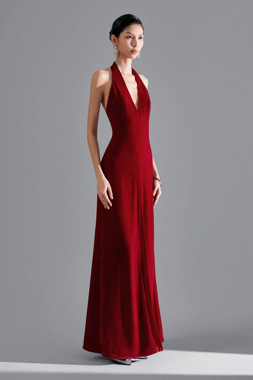 Della Slit Halter Neck Velvet Floor Length Dress