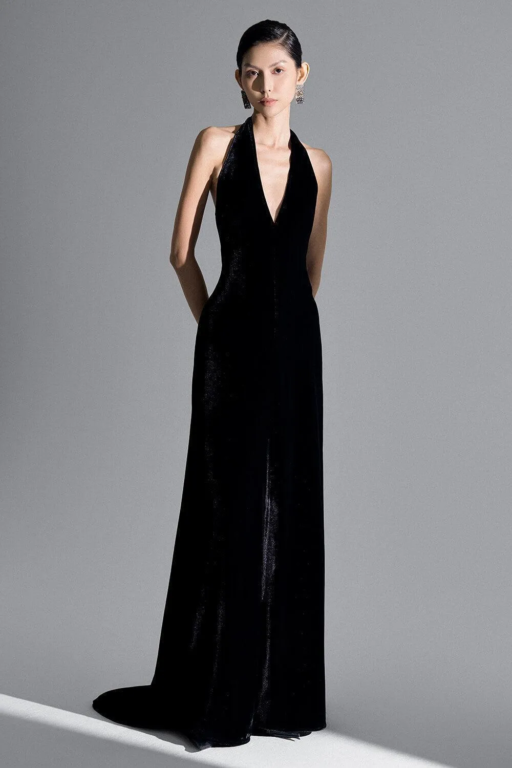 Della Slit Halter Neck Velvet Floor Length Dress