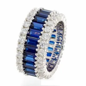 Designer Baguette Round Imitation Sapphire Cubic Zirconia Triple Eternity Band In Sterling Silver