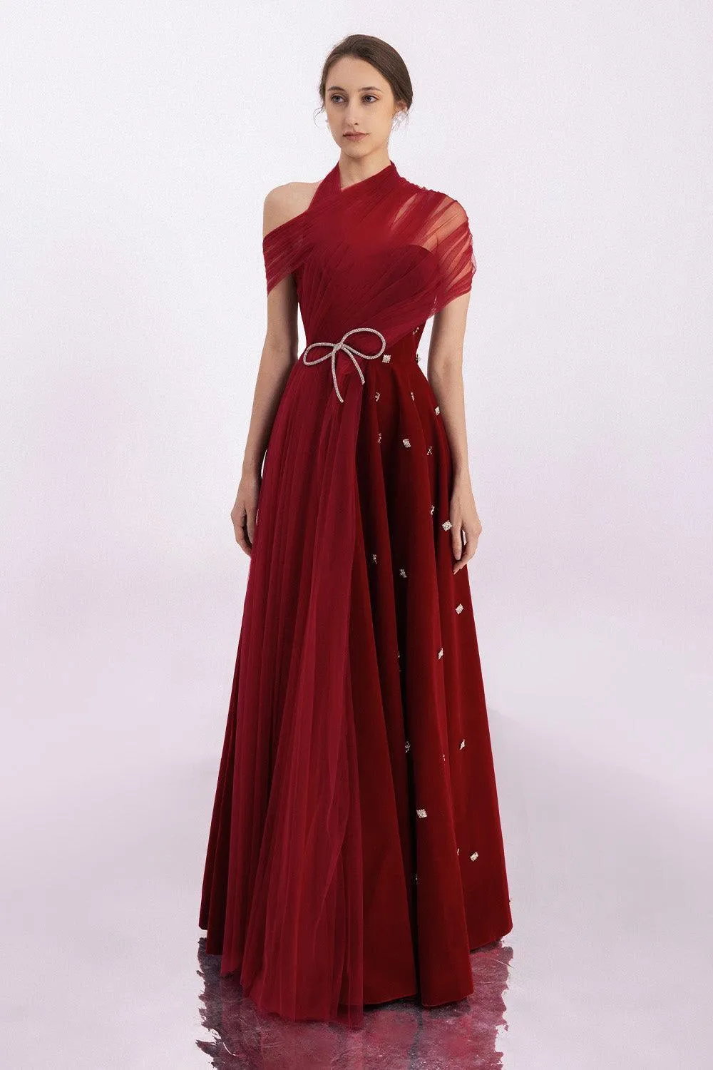 Duarte Fit and Flare Crossover Mesh Silk Floor Length Dress