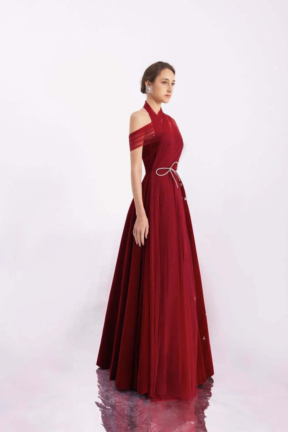 Duarte Fit and Flare Crossover Mesh Silk Floor Length Dress