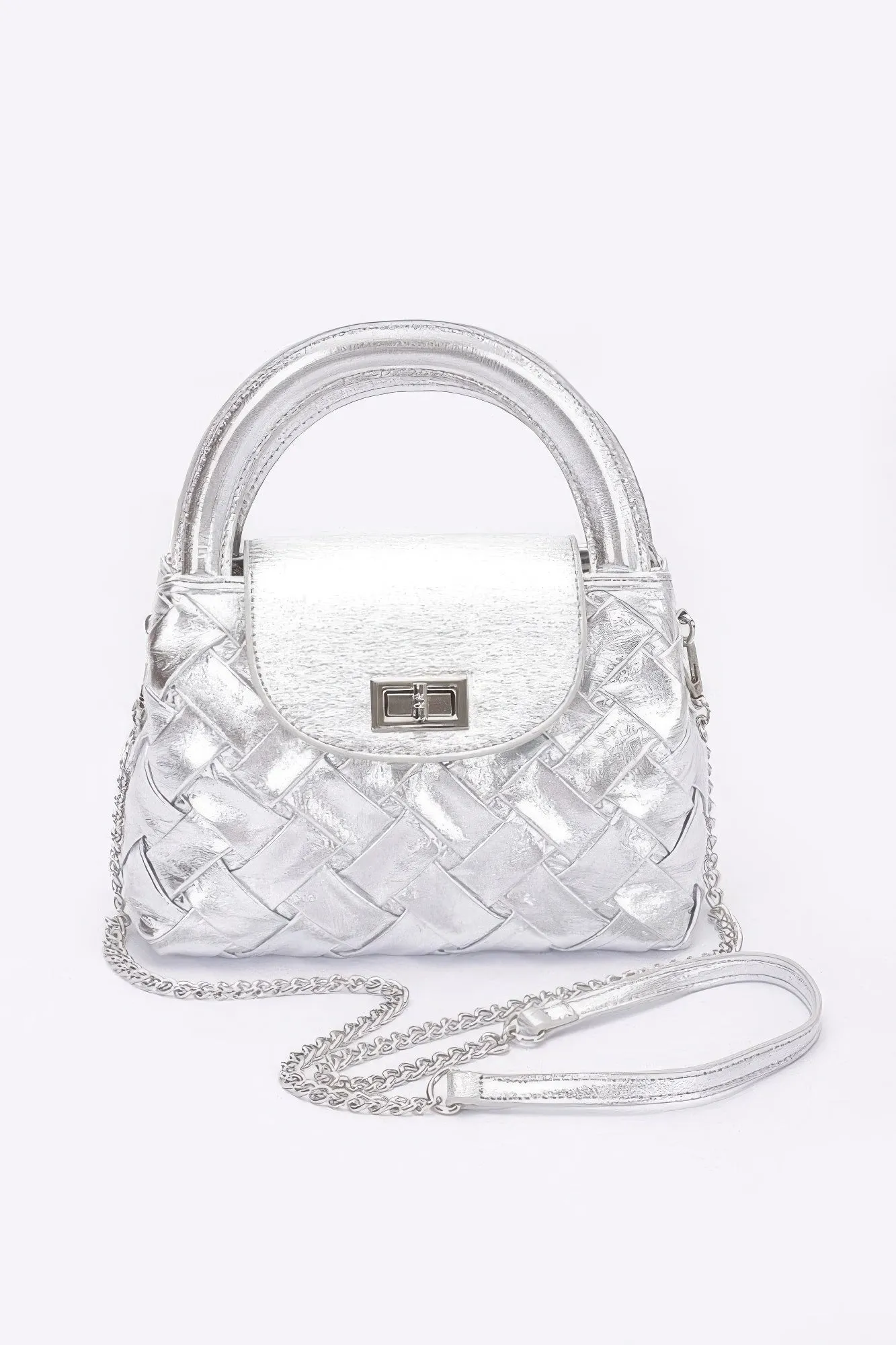 Faux Metallic Leather Braided Embossed Handle Bag