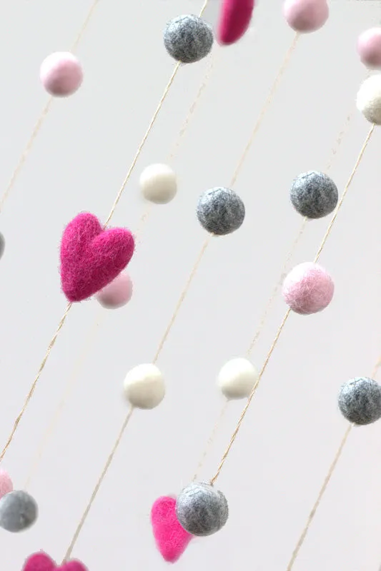 Felt Ball & Heart Nursery Mobile- Pink, Gray, White- SMALL