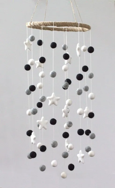 Felt Ball & Star Nursery Mobile- Black, Gray, White- LARGE