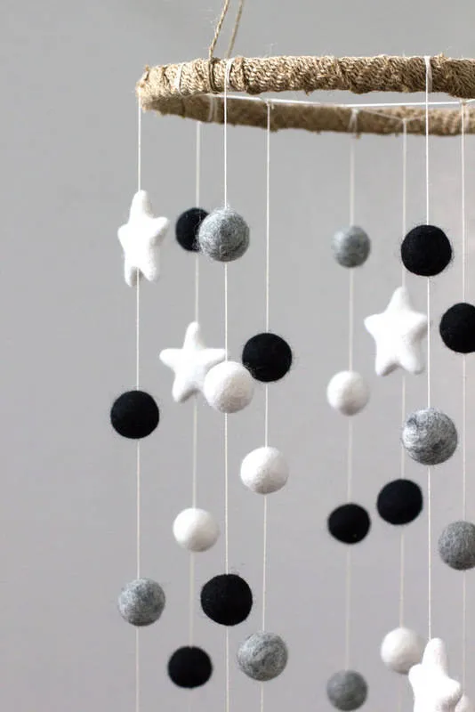 Felt Ball & Star Nursery Mobile- Black, Gray, White- LARGE