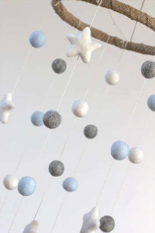 Felt Ball & Star Nursery Mobile- Ice Blue, Gray- SMALL