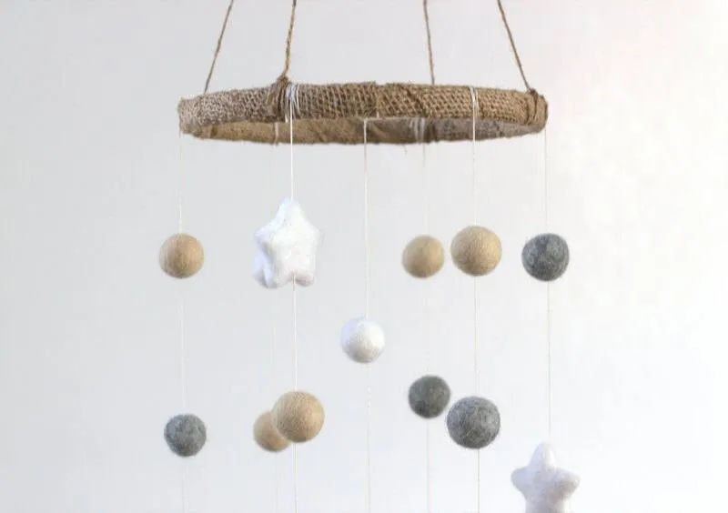 Felt Ball & Star Nursery Mobile- Neutral Almond, Gray- SMALL