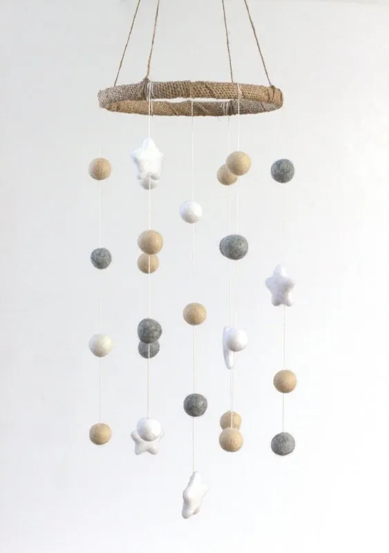 Felt Ball & Star Nursery Mobile- Neutral Almond, Gray- SMALL