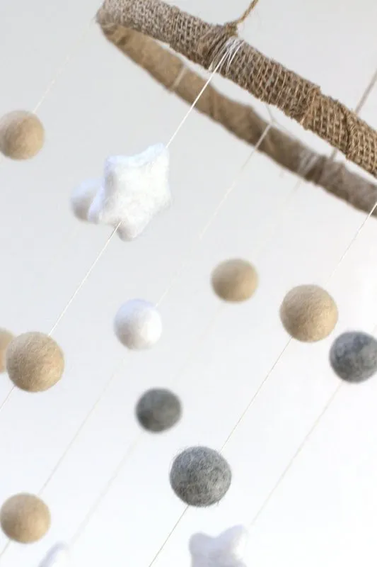 Felt Ball & Star Nursery Mobile- Neutral Almond, Gray- SMALL