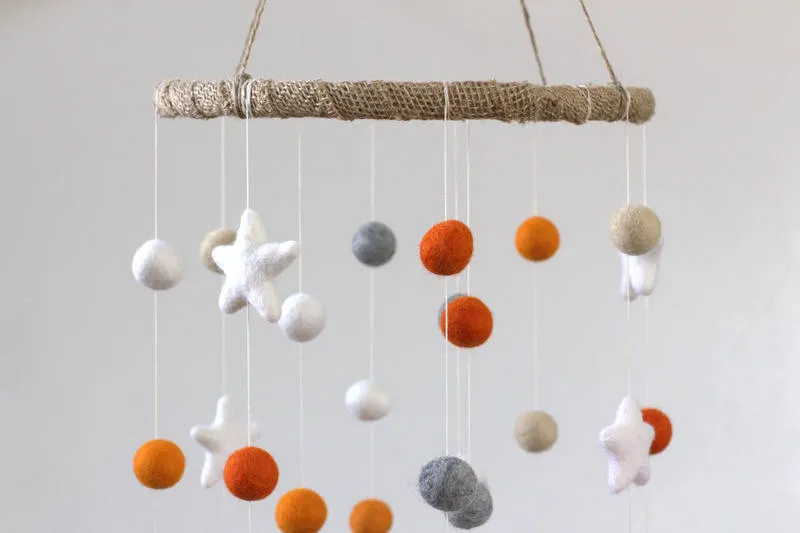 Felt Ball & Star Nursery Mobile- Orange- LARGE