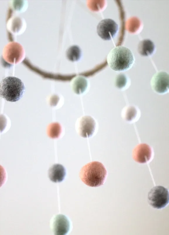 Felt Ball Nursery Mobile- Peach, Seafoam- Small