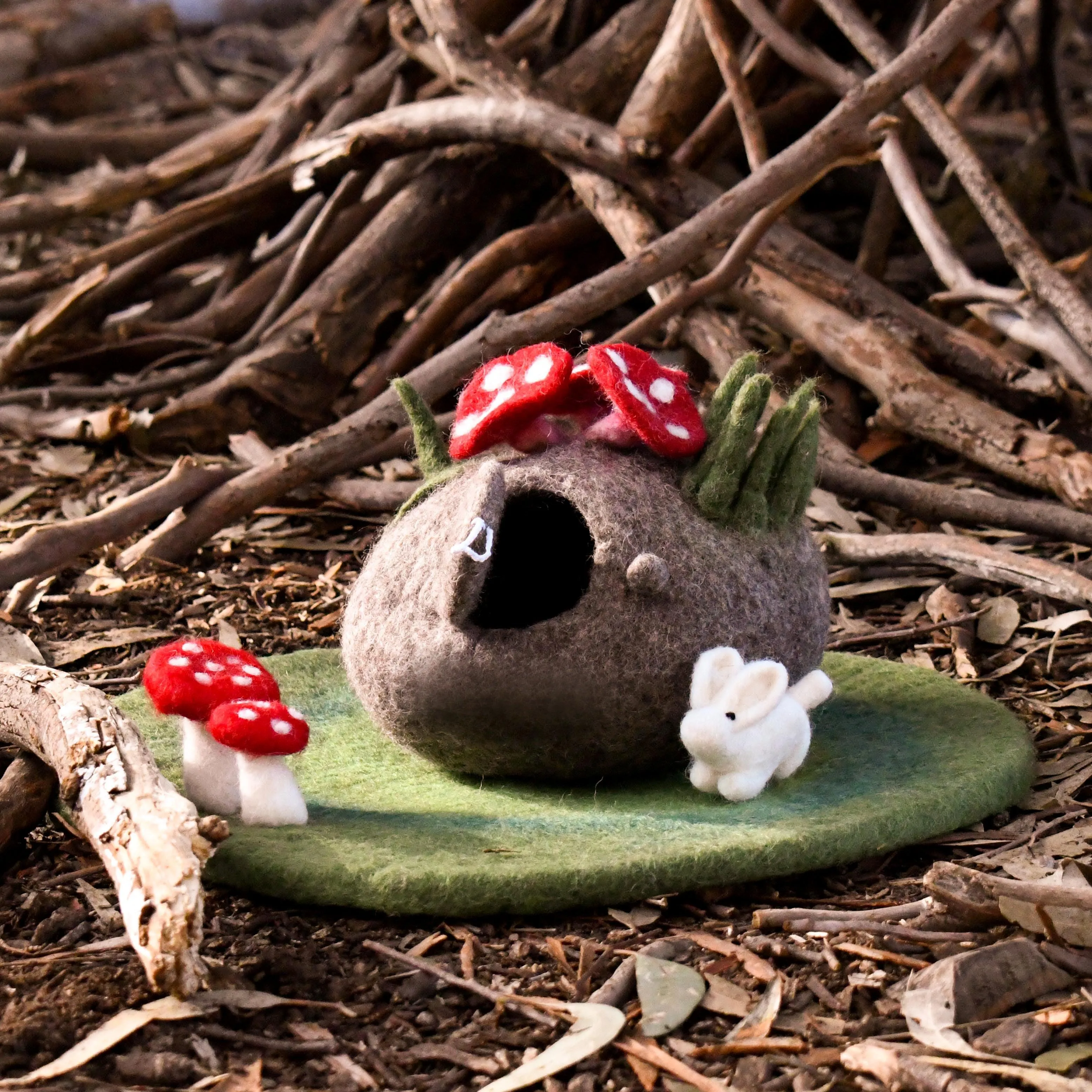 Felt Fairy Toadstool House with Rabbit Toy