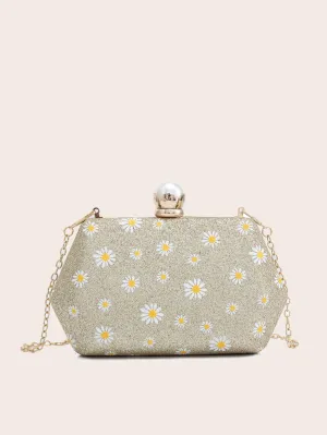 Floral Graphic Glitter Chain Clutch Bag