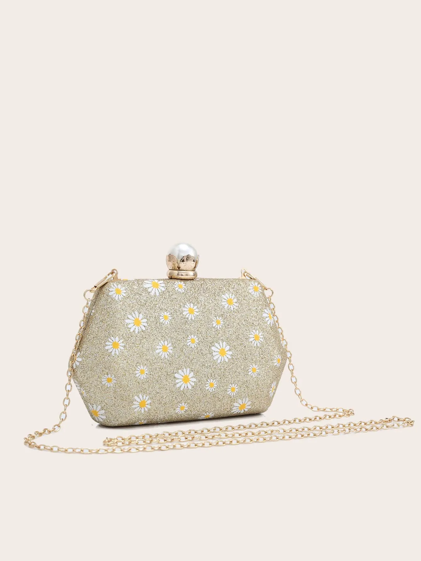 Floral Graphic Glitter Chain Clutch Bag