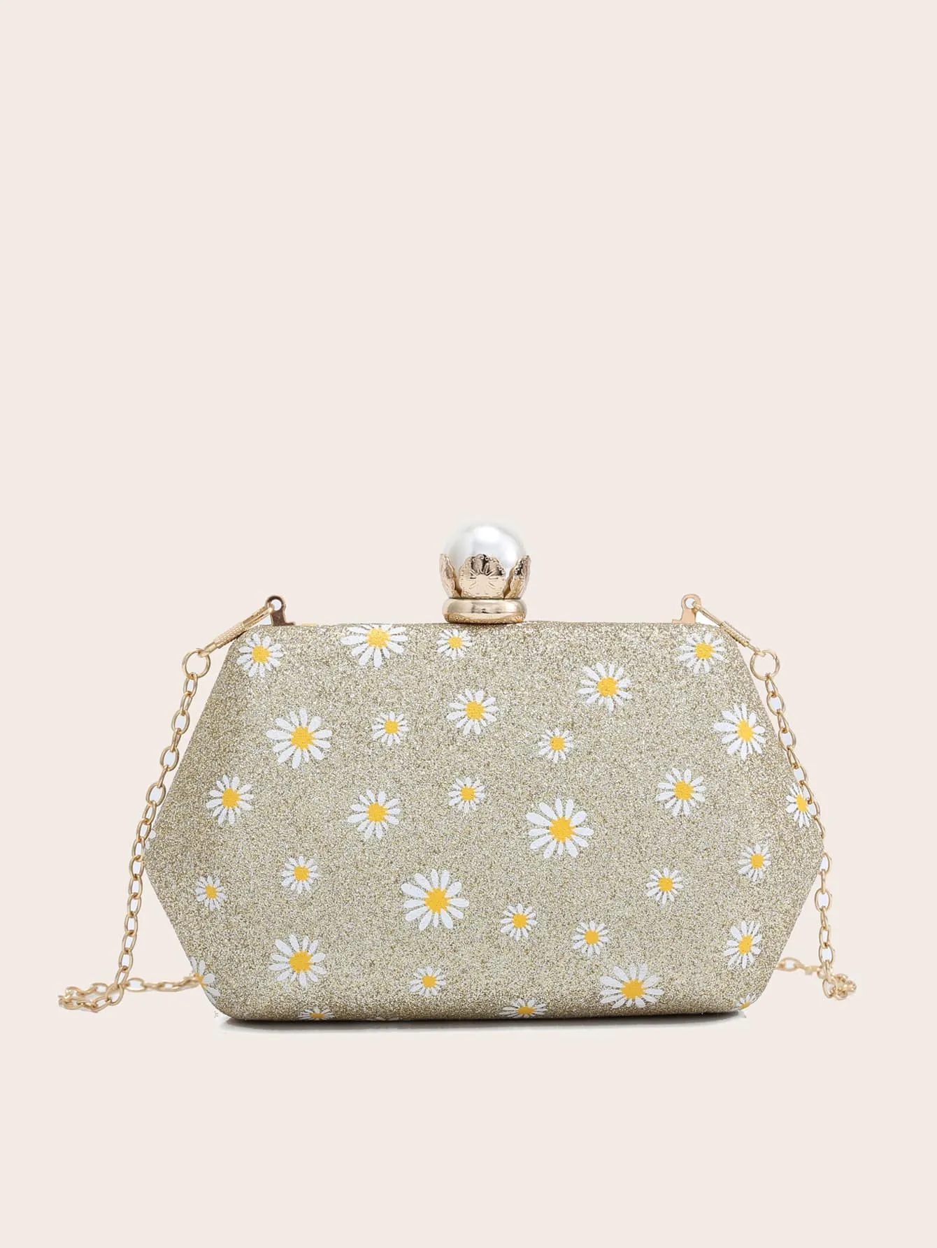 Floral Graphic Glitter Chain Clutch Bag