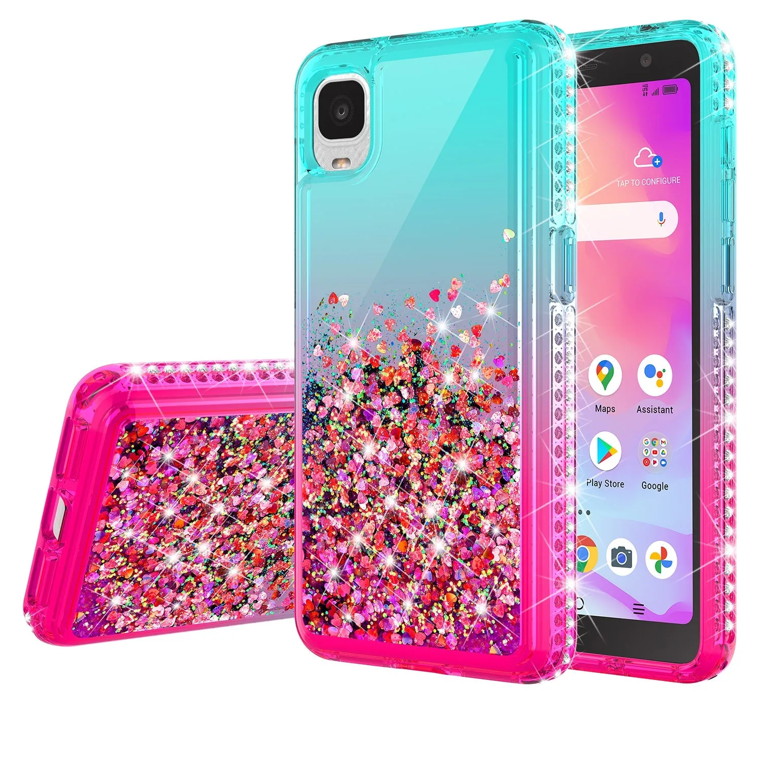 For TCL Ion Z/A3 Case Liquid Glitter Phone Case Waterfall Floating Quicksand Bling Sparkle Cute Protective Girls Women Cover for TCL Ion Z/A3 W/Temper Glass -  (Teal/Pink Gradient)