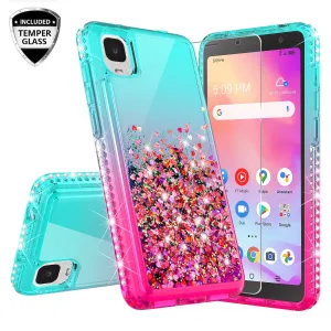 For TCL Ion Z/A3 Case Liquid Glitter Phone Case Waterfall Floating Quicksand Bling Sparkle Cute Protective Girls Women Cover for TCL Ion Z/A3 W/Temper Glass -  (Teal/Pink Gradient)