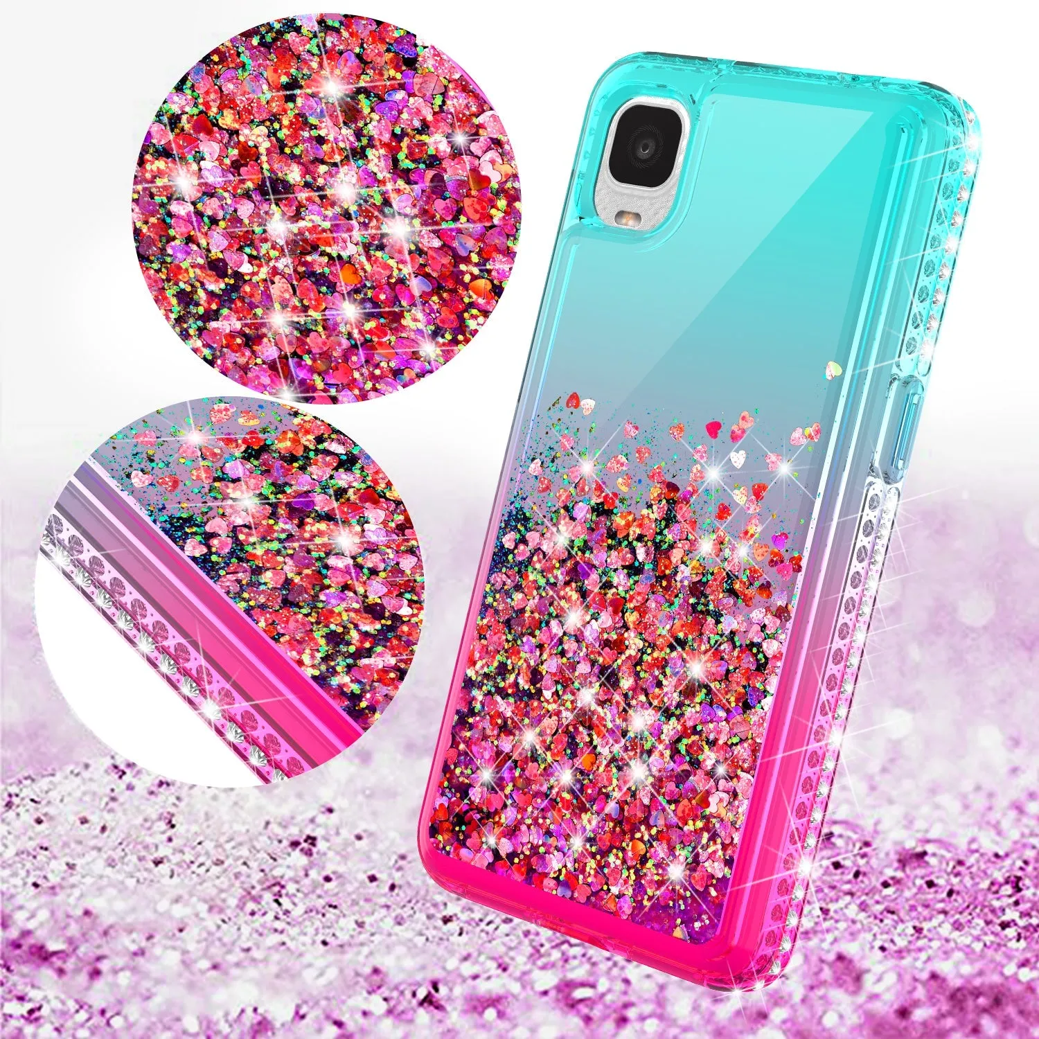 For TCL Ion Z/A3 Case Liquid Glitter Phone Case Waterfall Floating Quicksand Bling Sparkle Cute Protective Girls Women Cover for TCL Ion Z/A3 W/Temper Glass -  (Teal/Pink Gradient)