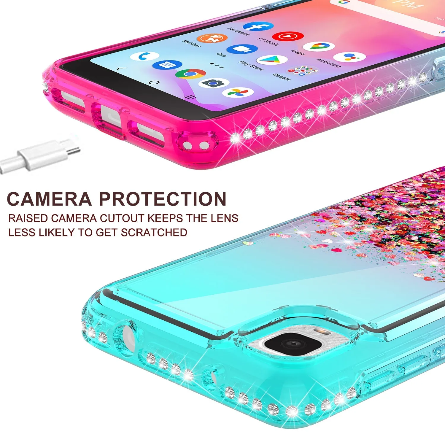 For TCL Ion Z/A3 Case Liquid Glitter Phone Case Waterfall Floating Quicksand Bling Sparkle Cute Protective Girls Women Cover for TCL Ion Z/A3 W/Temper Glass -  (Teal/Pink Gradient)