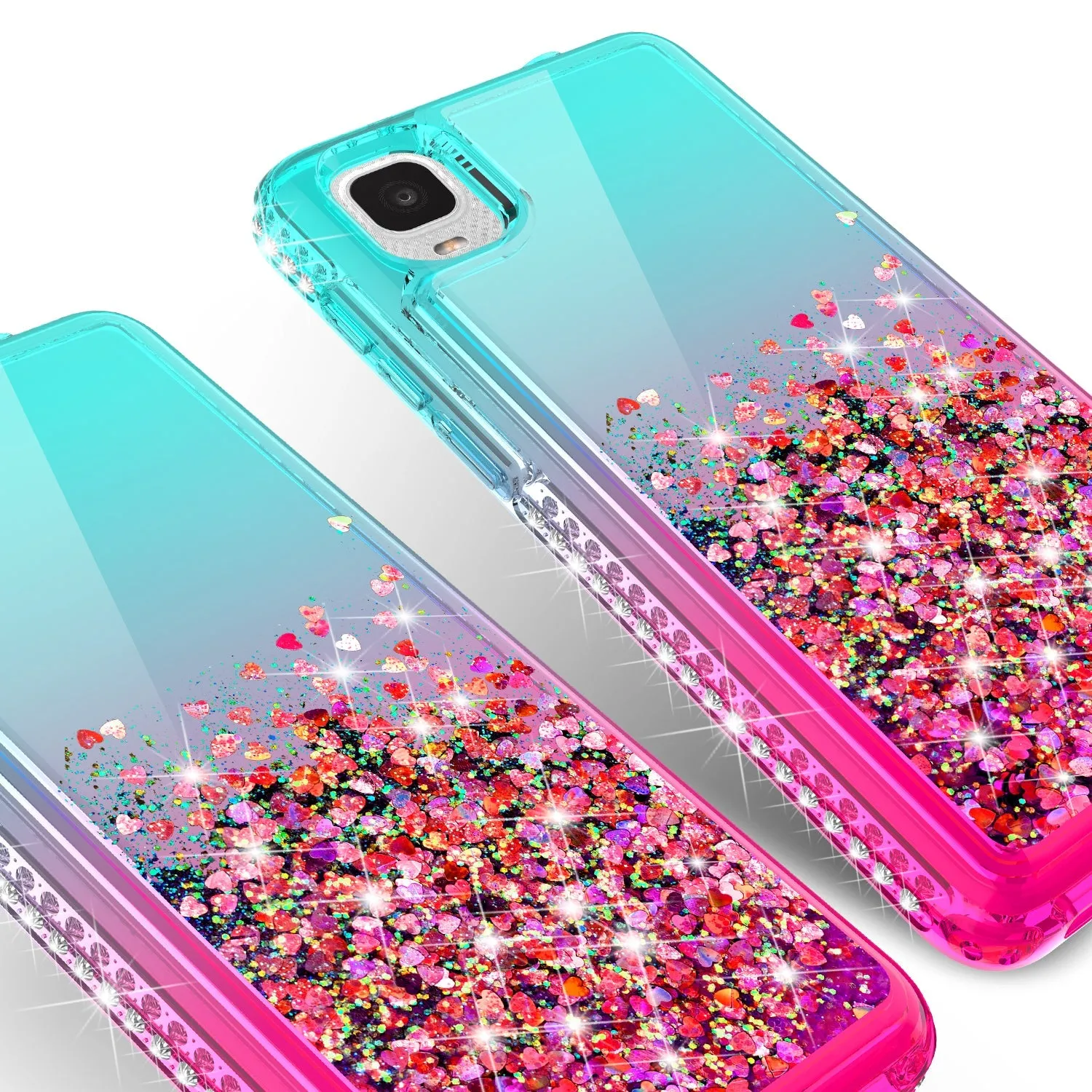 For TCL Ion Z/A3 Case Liquid Glitter Phone Case Waterfall Floating Quicksand Bling Sparkle Cute Protective Girls Women Cover for TCL Ion Z/A3 W/Temper Glass -  (Teal/Pink Gradient)